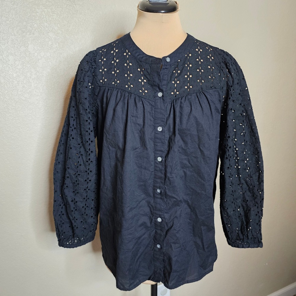 J.Crew Womens Black Eyelet Puff Sleeve Button Down Blouse Small Cotton Top